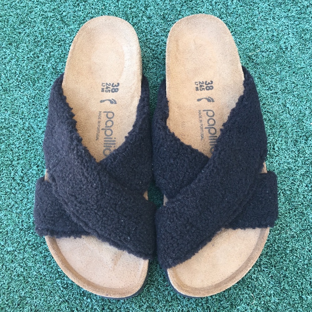 NWT Birkenstock Papilliio Daytona Platform Sandal Faux Shearling Black 38